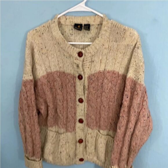 Vintage 90s LIZ CLAIBORNE Cardigan Women Cable Chunky Knit Wool Sweater Cream S - Picture 2 of 16